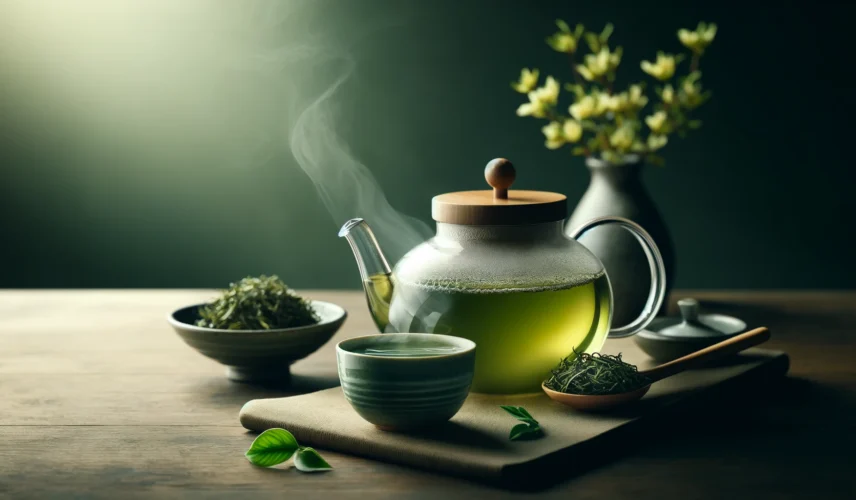 DALL·E 2024-04-05 12.31.57 - A high-resolution, realistic photo in a wide format, depicting a cup of Sencha green tea. The scene is set on a minimalist wooden table, highlighting