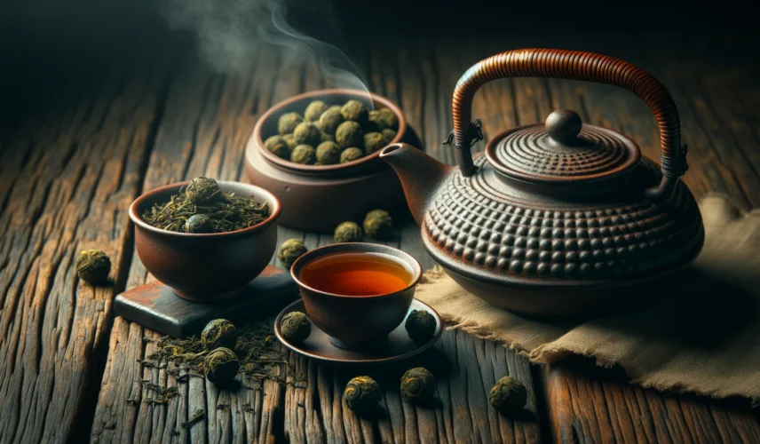 DALL·E 2024-04-05 12.34.00 - A high-resolution, realistic photo in a wide format, featuring Gunpowder green tea. The scene is captured on an ancient, rustic wooden table, emphasiz
